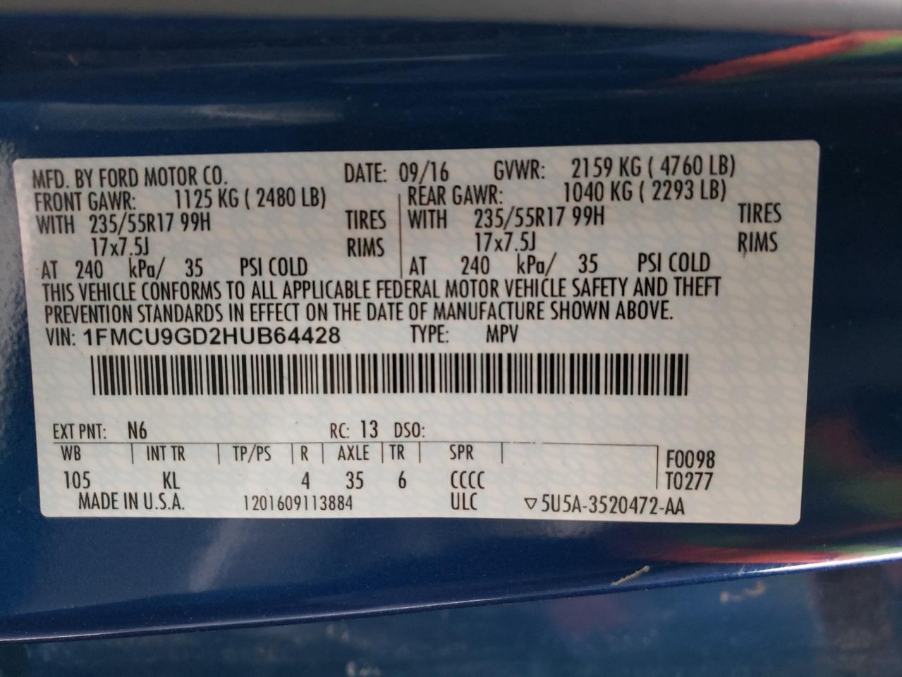 Photo 10 from auction – 2017 FORD ESCAPE SE with VIN 1FMCU9GD2HUB64428