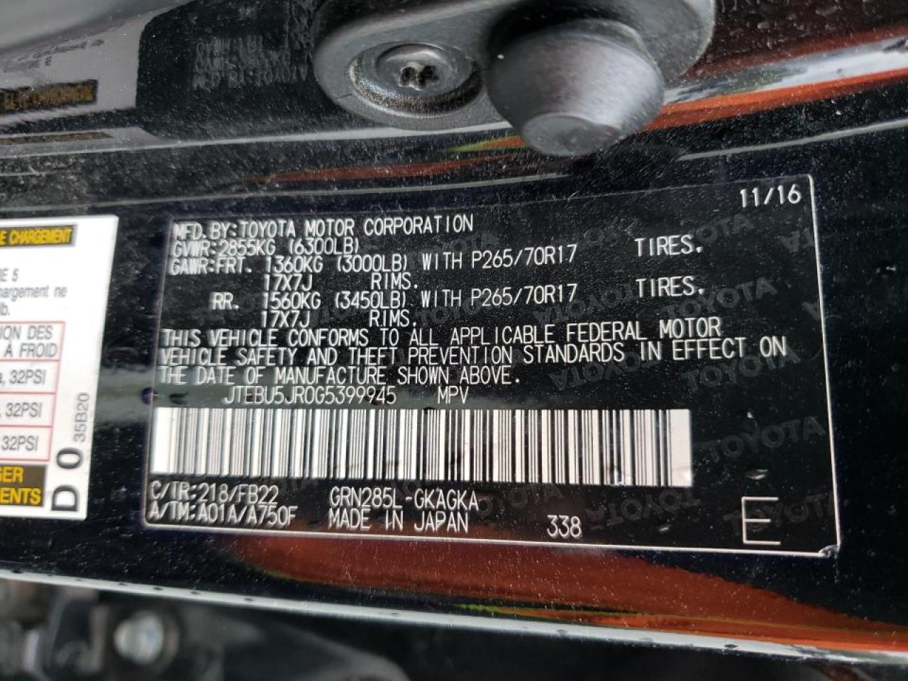 Photo 10 from auction – 2016 TOYOTA 4RUNNER SR with VIN JTEBU5JR0G5399945