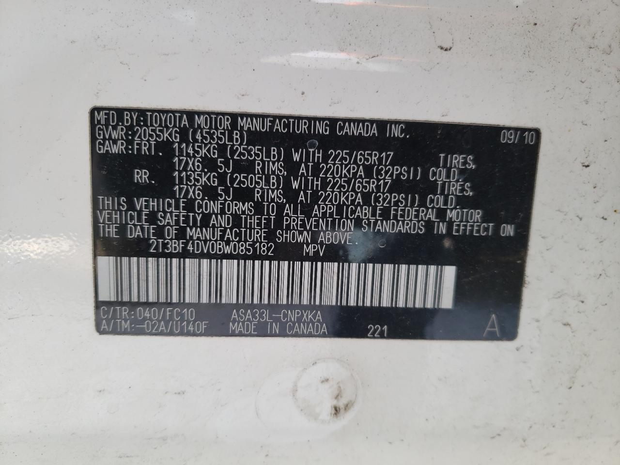 Photo 10 from auction – 2011 TOYOTA RAV4 with VIN 2T3BF4DV0BW085182