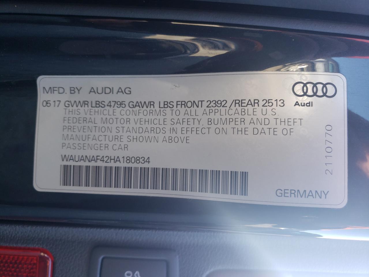 Photo 10 from auction – 2017 AUDI A4 PREMIUM with VIN WAUANAF42HA180834