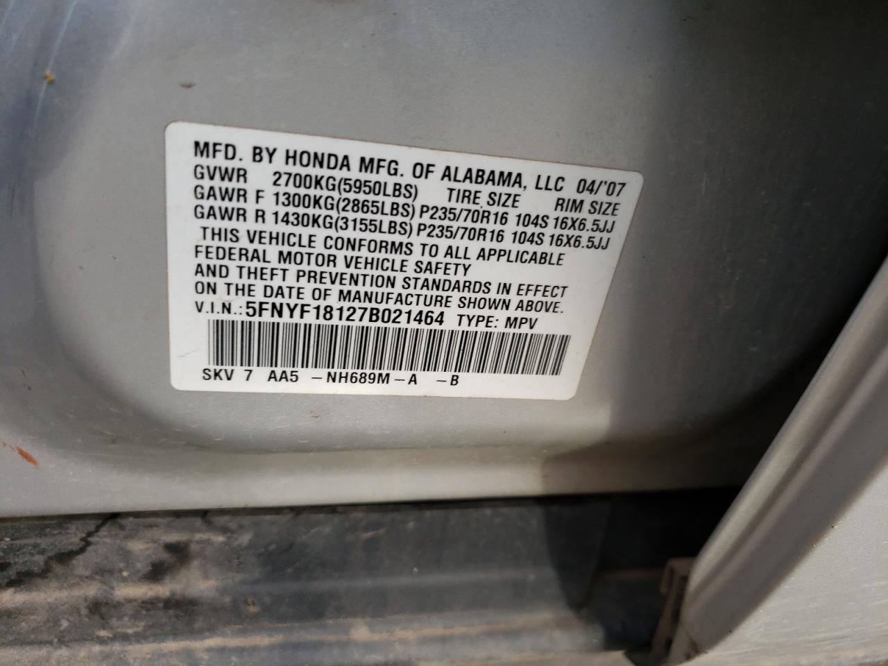 صورة رقم 10 من المزاد - 2007 HONDA PILOT LX مع VIN 5FNYF18127B021464