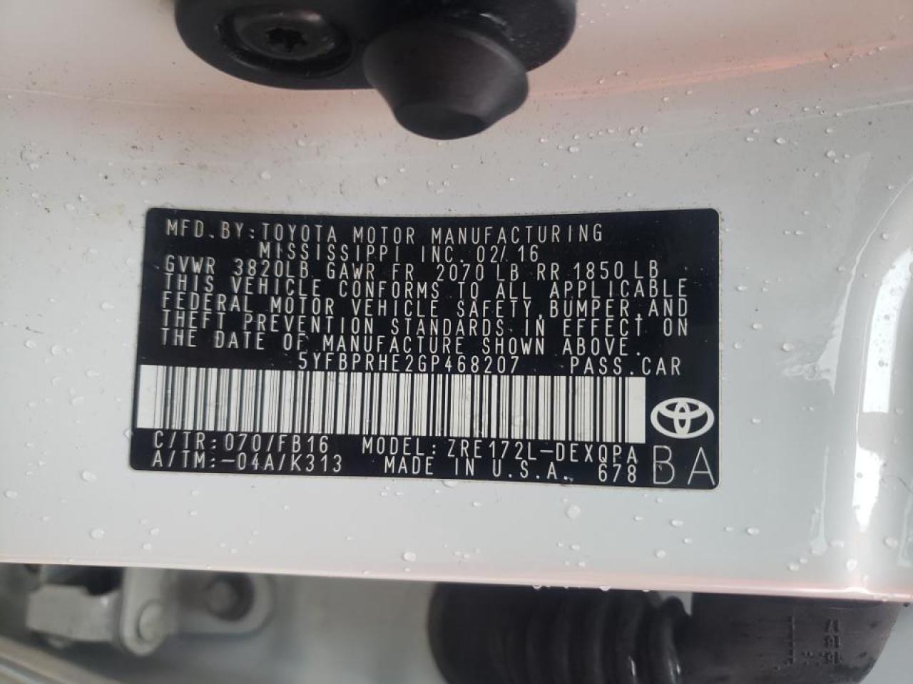 Photo 10 from auction – 2016 TOYOTA COROLLA EC with VIN 5YFBPRHE2GP468207