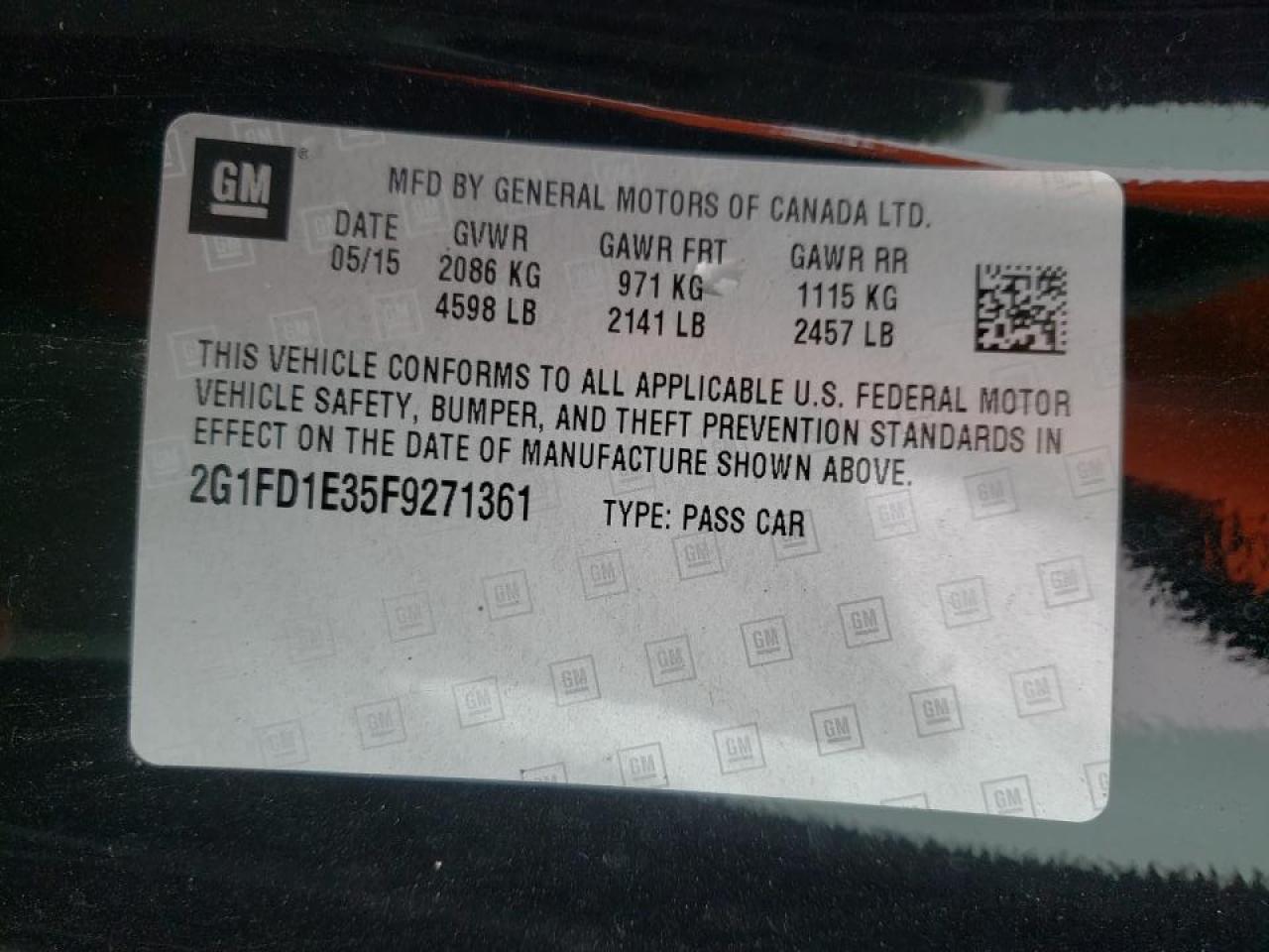 Photo 10 from auction – 2015 CHEVROLET CAMARO LT with VIN 2G1FD1E35F9271361