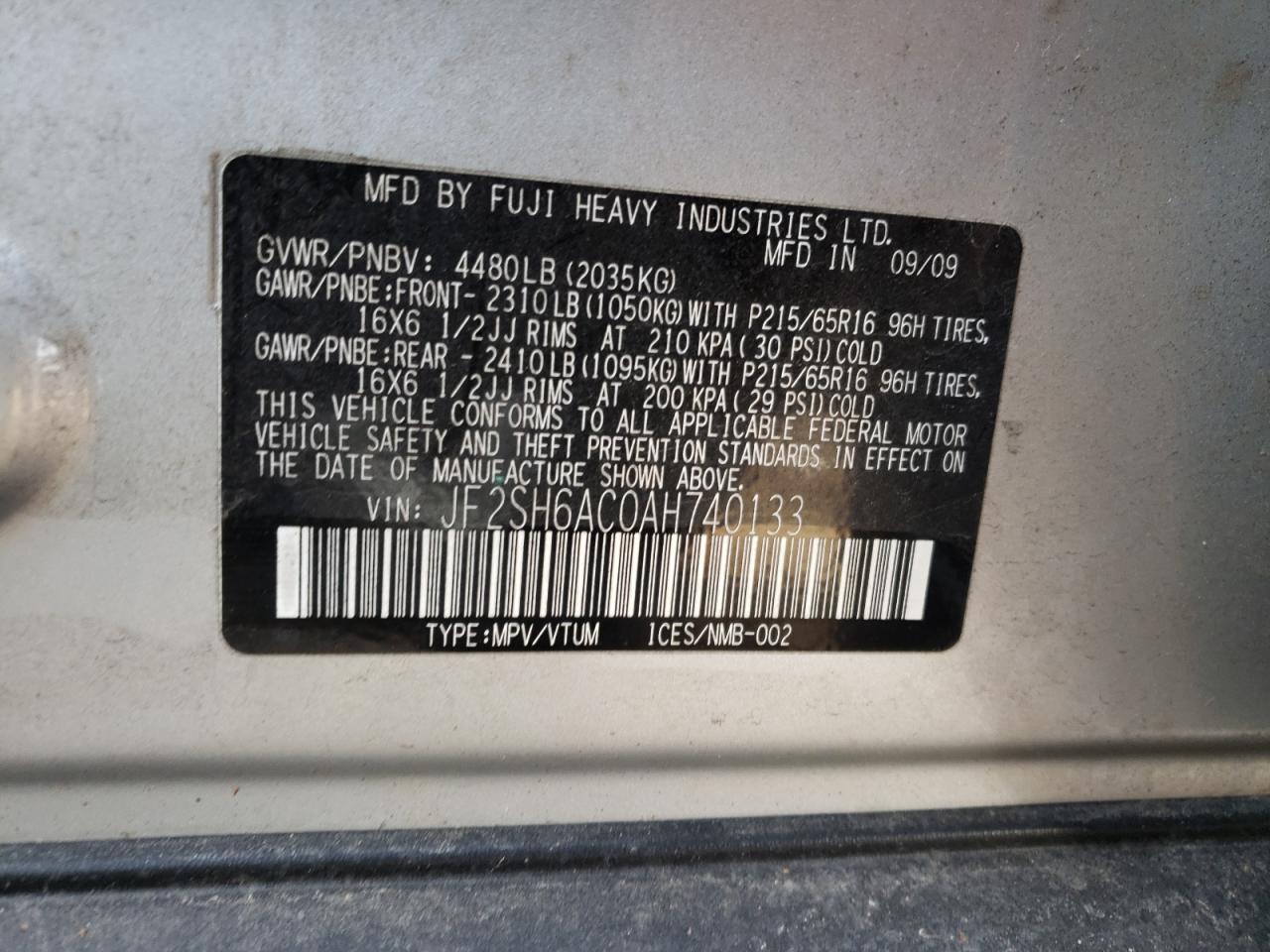 Photo 10 from auction – 2010 SUBARU FORESTER 2 with VIN JF2SH6AC0AH740133