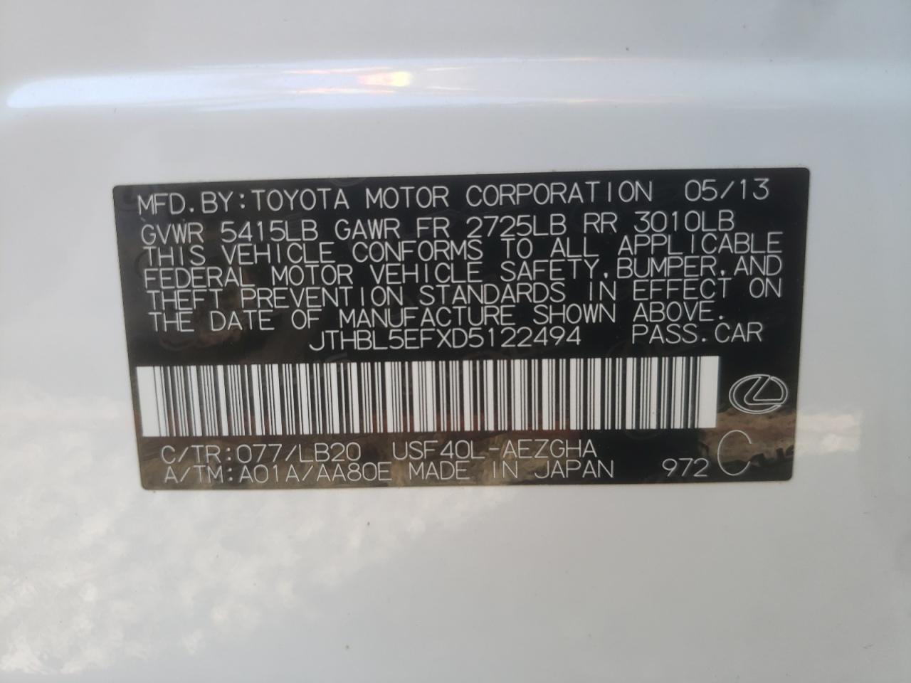Photo 10 from auction – 2013 LEXUS LS 460 with VIN JTHBL5EFXD5122494