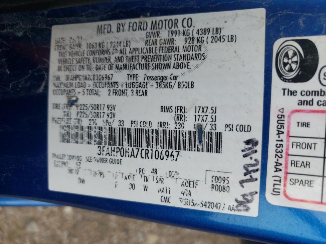 Photo 10 from auction – 2012 FORD FUSION SE with VIN 3FAHP0HA7CR106967