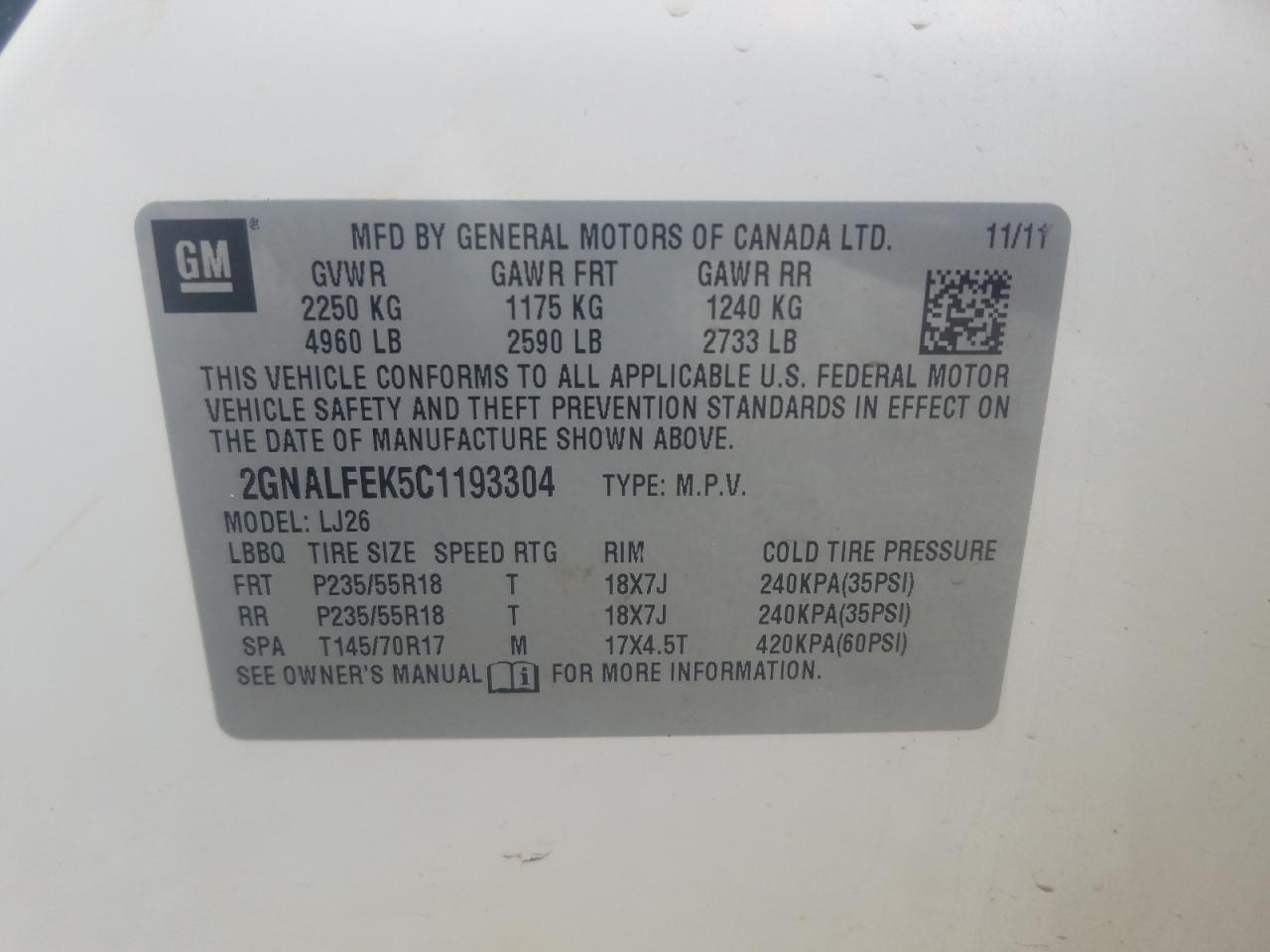 Photo 10 from auction – 2012 CHEVROLET EQUINOX LT with VIN 2GNALFEK5C1193304