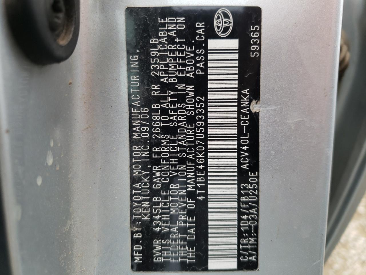 Photo 10 from auction – 2007 TOYOTA CAMRY CE with VIN 4T1BE46K07U593352