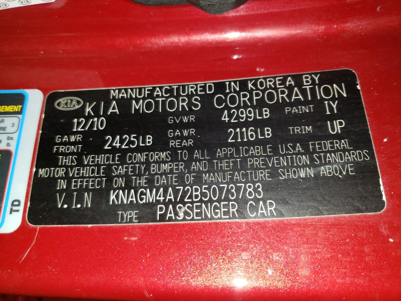 Photo 10 from auction – 2011 KIA OPTIMA LX with VIN KNAGM4A72B5073783