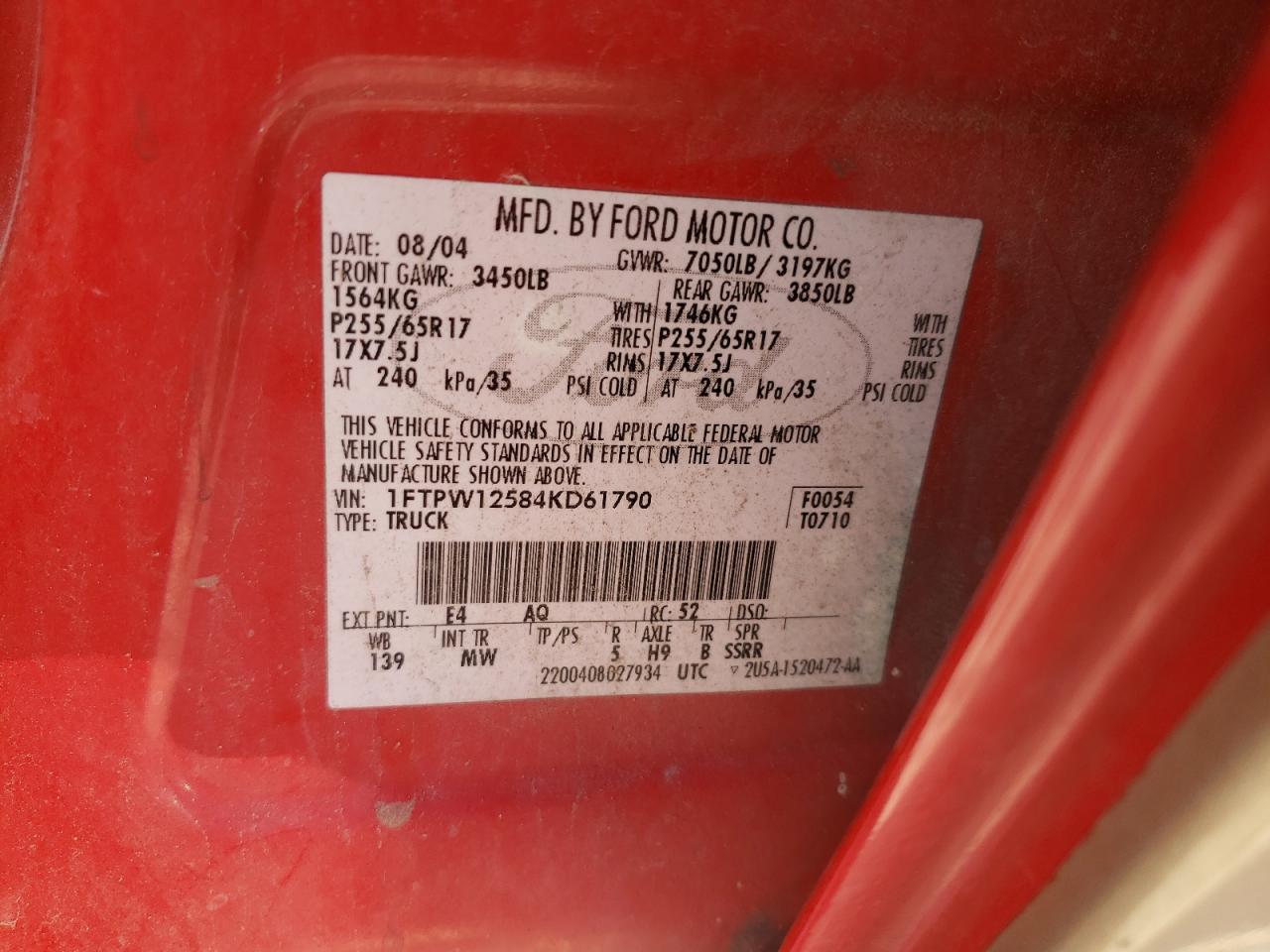 Photo 10 from auction – 2004 FORD F150 SUPER with VIN 1FTPW12584KD61790