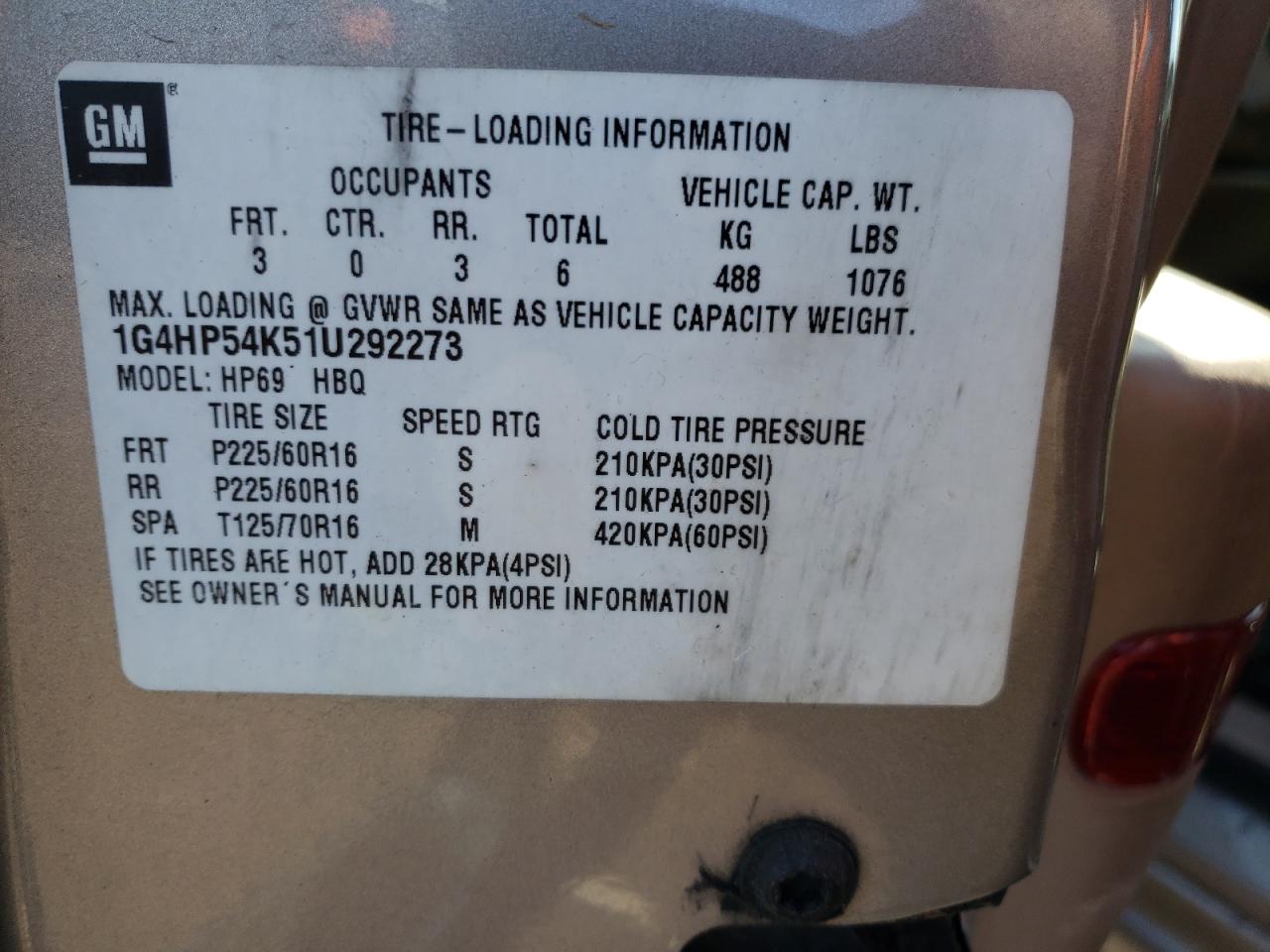 Photo 10 from auction – 2001 BUICK LESABRE CU with VIN 1G4HP54K51U292273