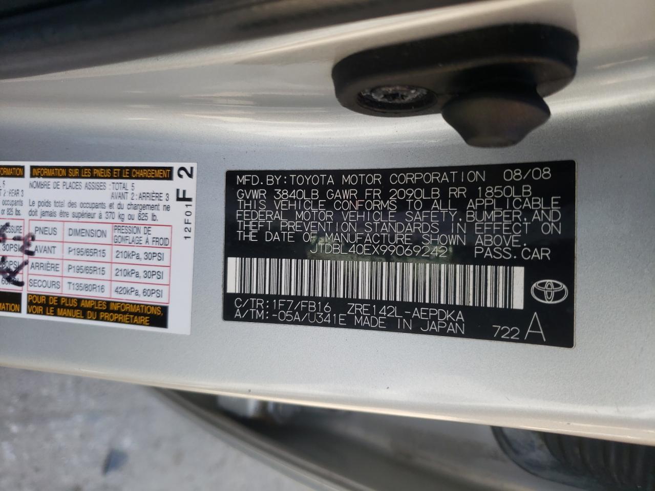 Photo 10 from auction – 2009 TOYOTA COROLLA with VIN JTDBL40EX99069242