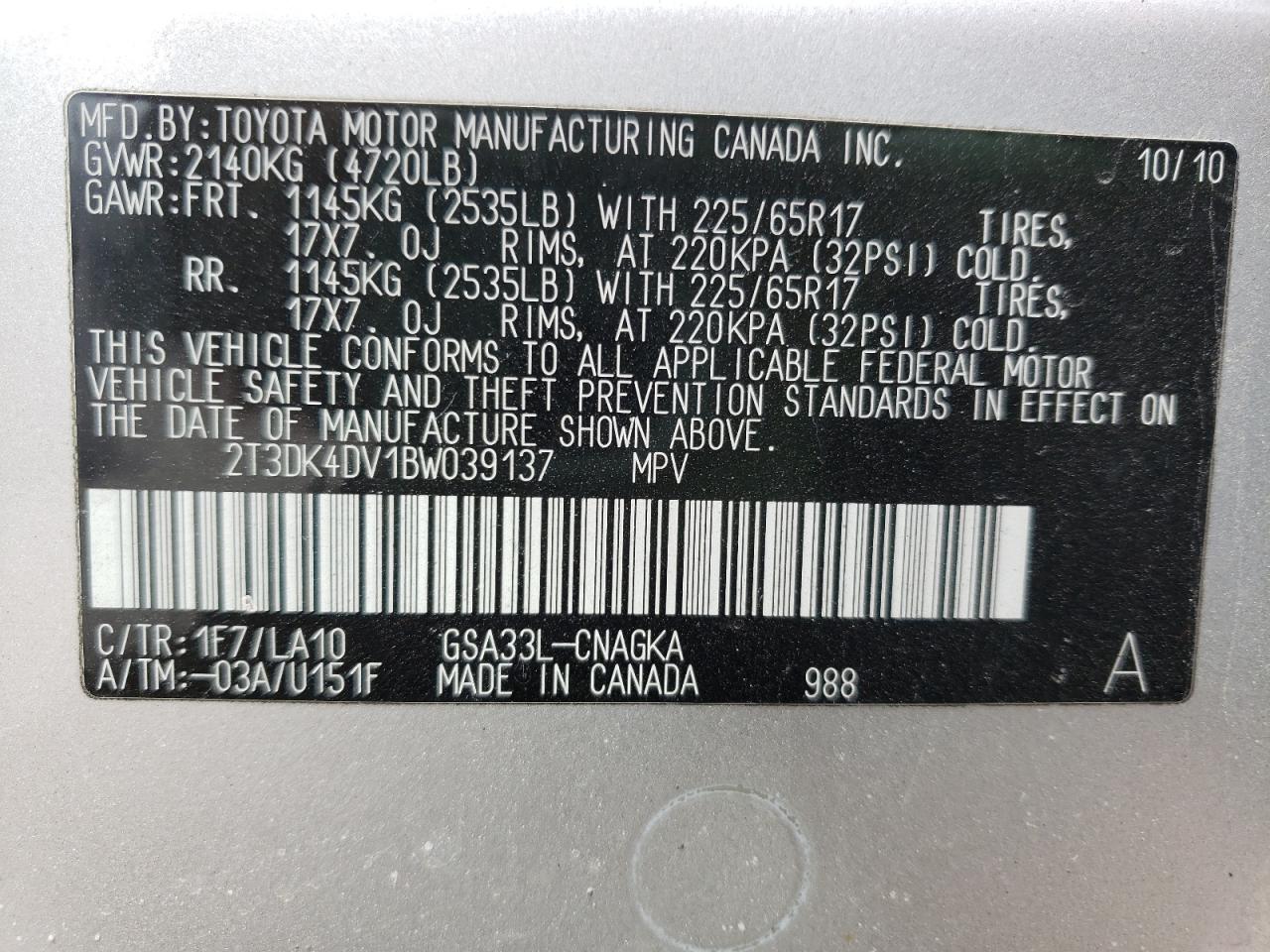 Foto 10 de la subasta – 2011 TOYOTA RAV4 LIMIT con VIN 2T3DK4DV1BW039137