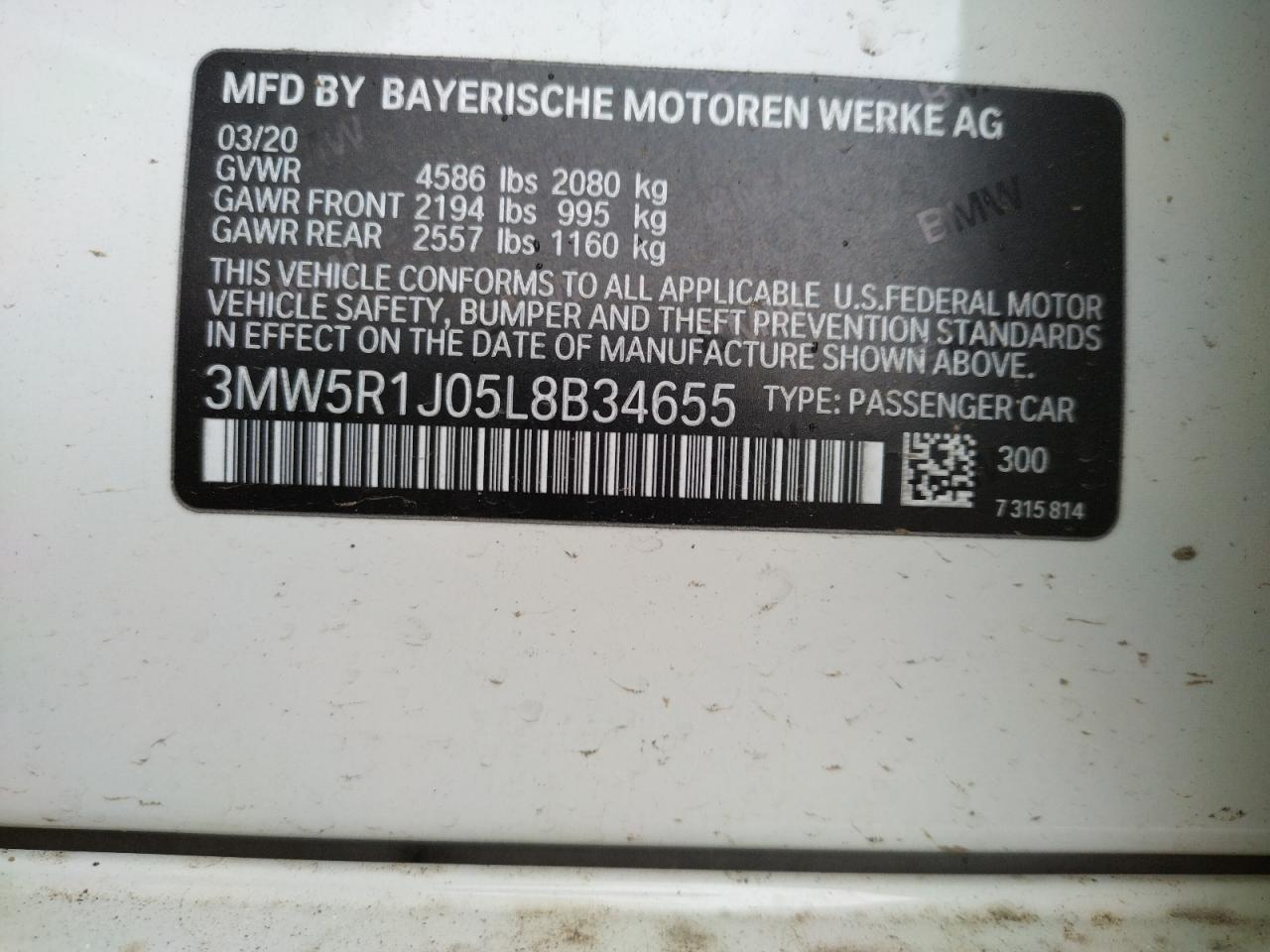 Photo 10 from auction – 2020 BMW 330I with VIN 3MW5R1J05L8B34655