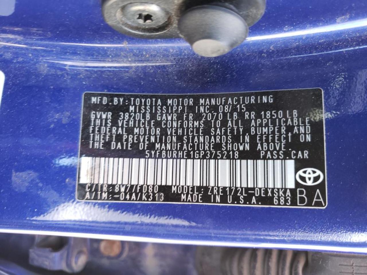 Photo 10 from auction – 2016 TOYOTA COROLLA L with VIN 5YFBURHE1GP375218
