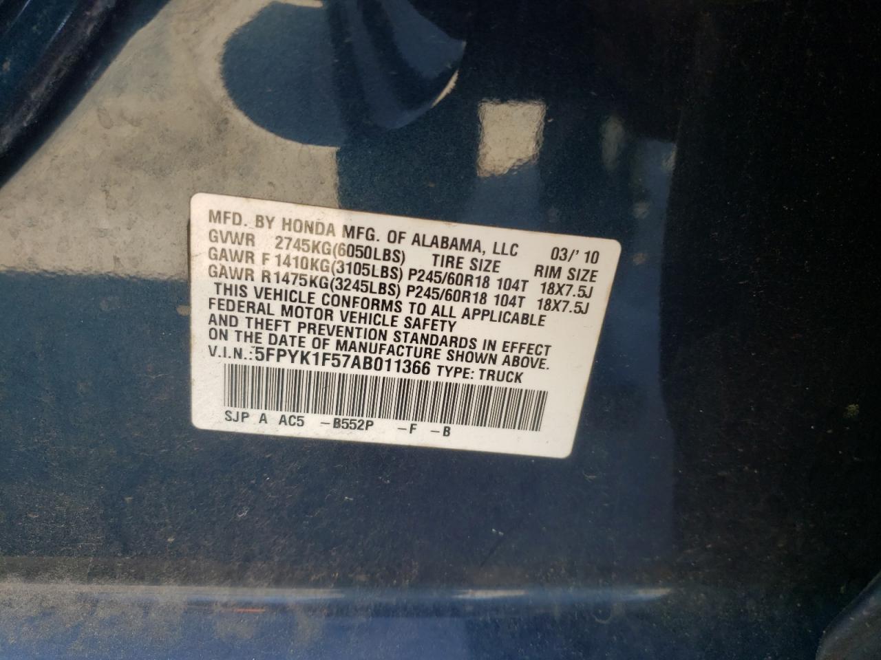 Photo 10 from auction – 2010 HONDA RIDGELINE with VIN 5FPYK1F57AB011366