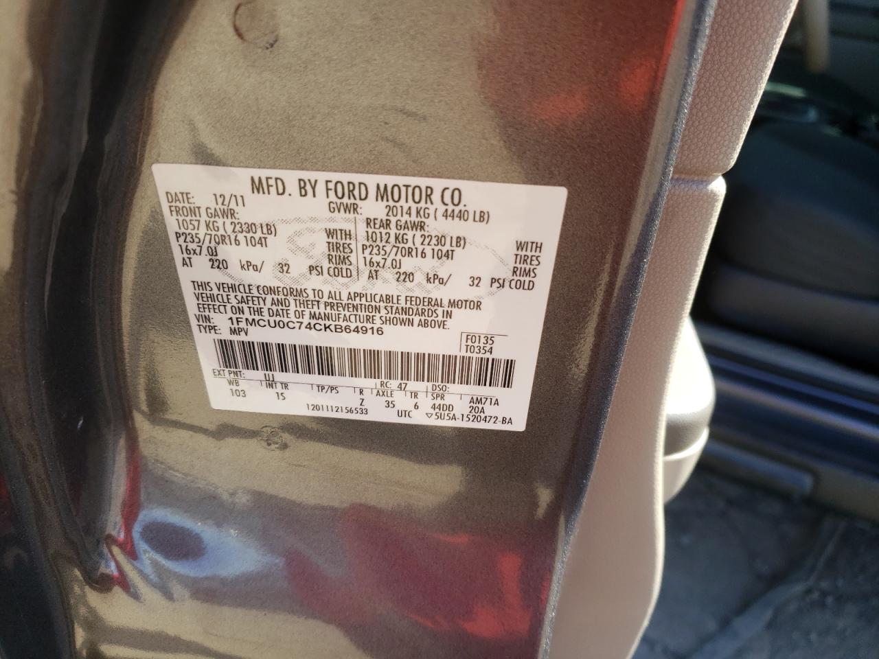 Photo 10 from auction – 2012 FORD ESCAPE XLS with VIN 1FMCU0C74CKB64916