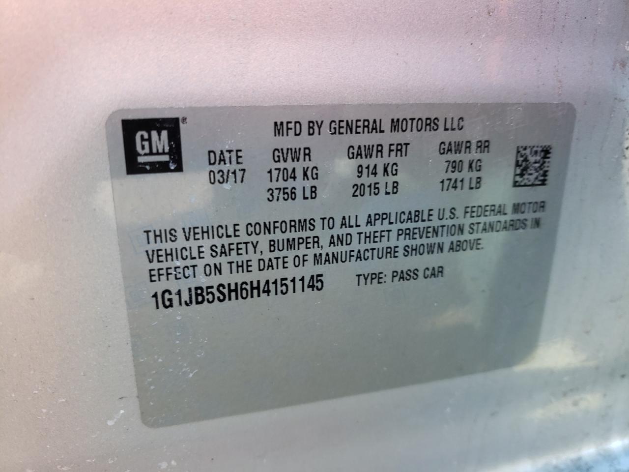 Photo 10 from auction – 2017 CHEVROLET SONIC LS with VIN 1G1JB5SH6H4151145