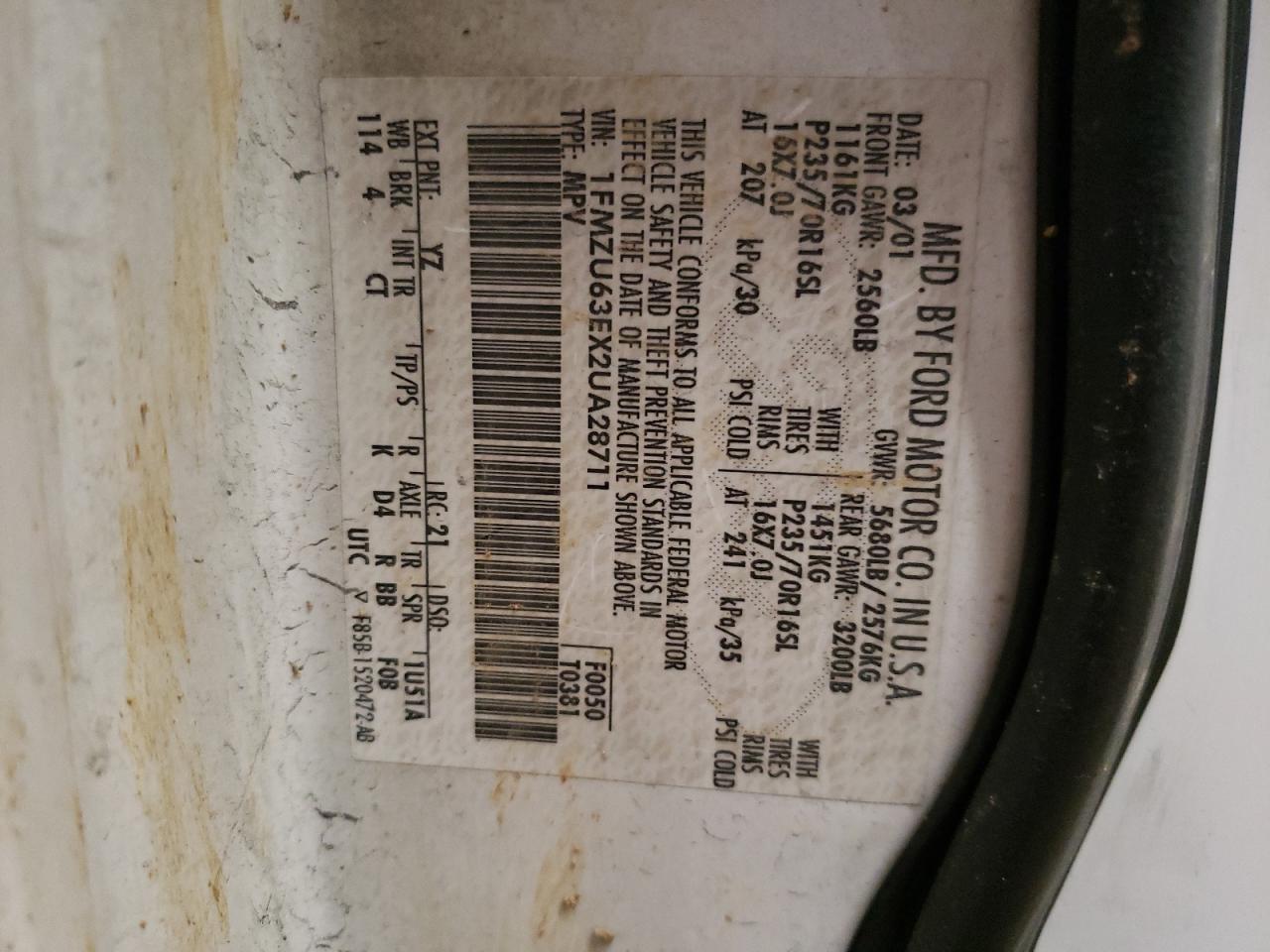 Photo 10 from auction – 2002 FORD EXPLORER X with VIN 1FMZU63EX2UA28711