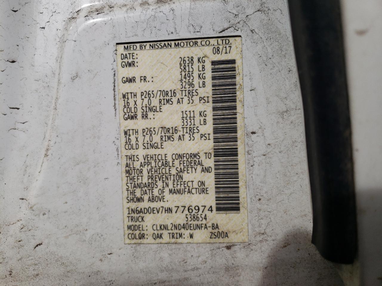 Photo 10 from auction – 2017 NISSAN FRONTIER S with VIN 1N6AD0EV7HN776974