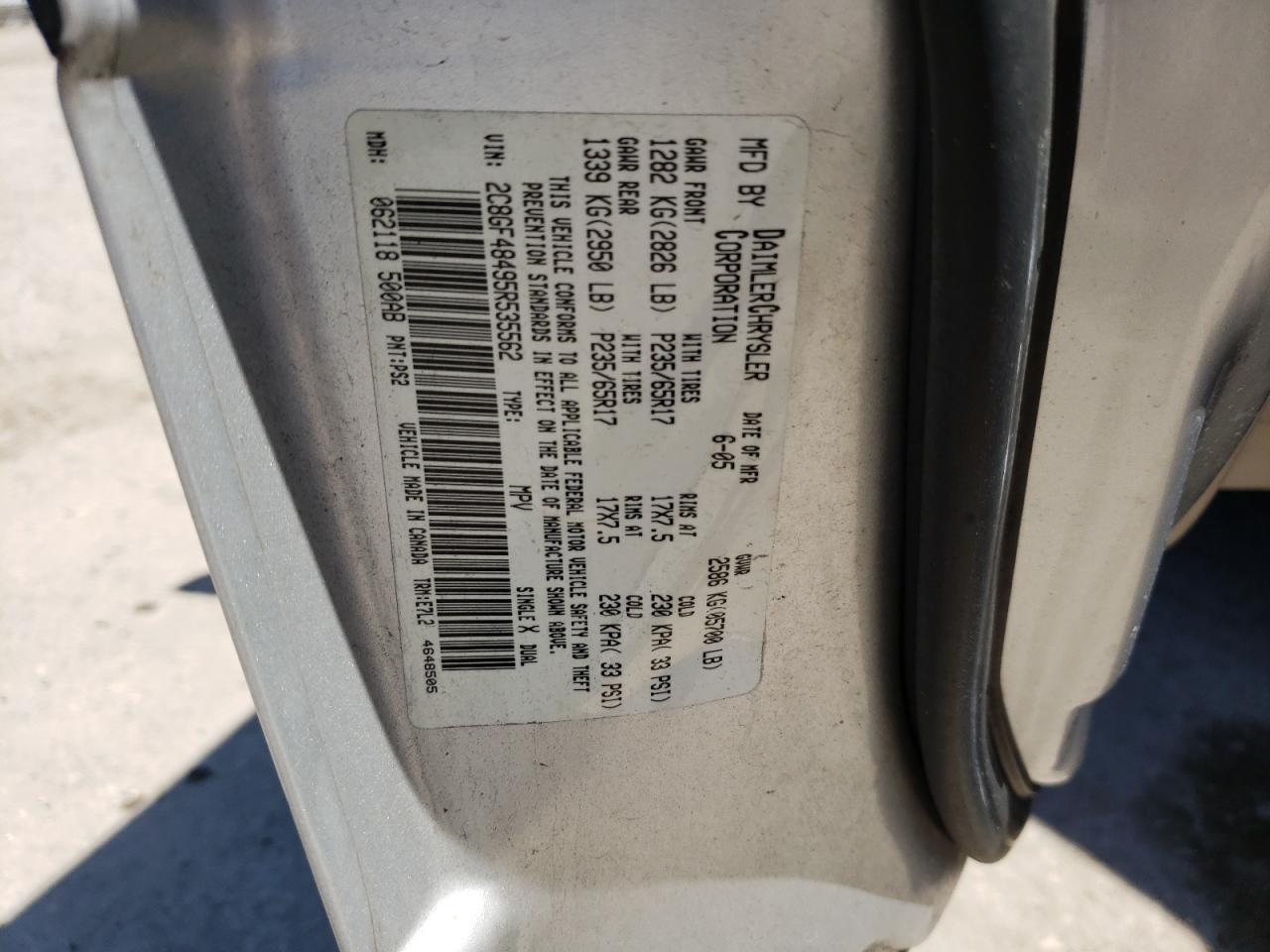 Photo 10 from auction – 2005 CHRYSLER PACIFICA with VIN 2C8GF48495R535562