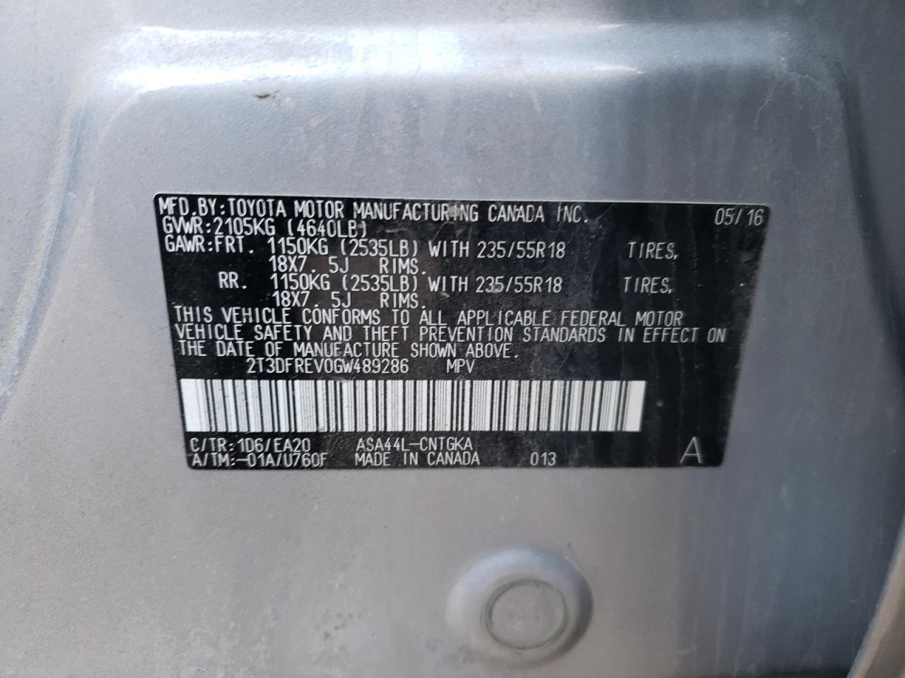 Photo 10 from auction – 2016 TOYOTA RAV4 LIMIT with VIN 2T3DFREV0GW489286