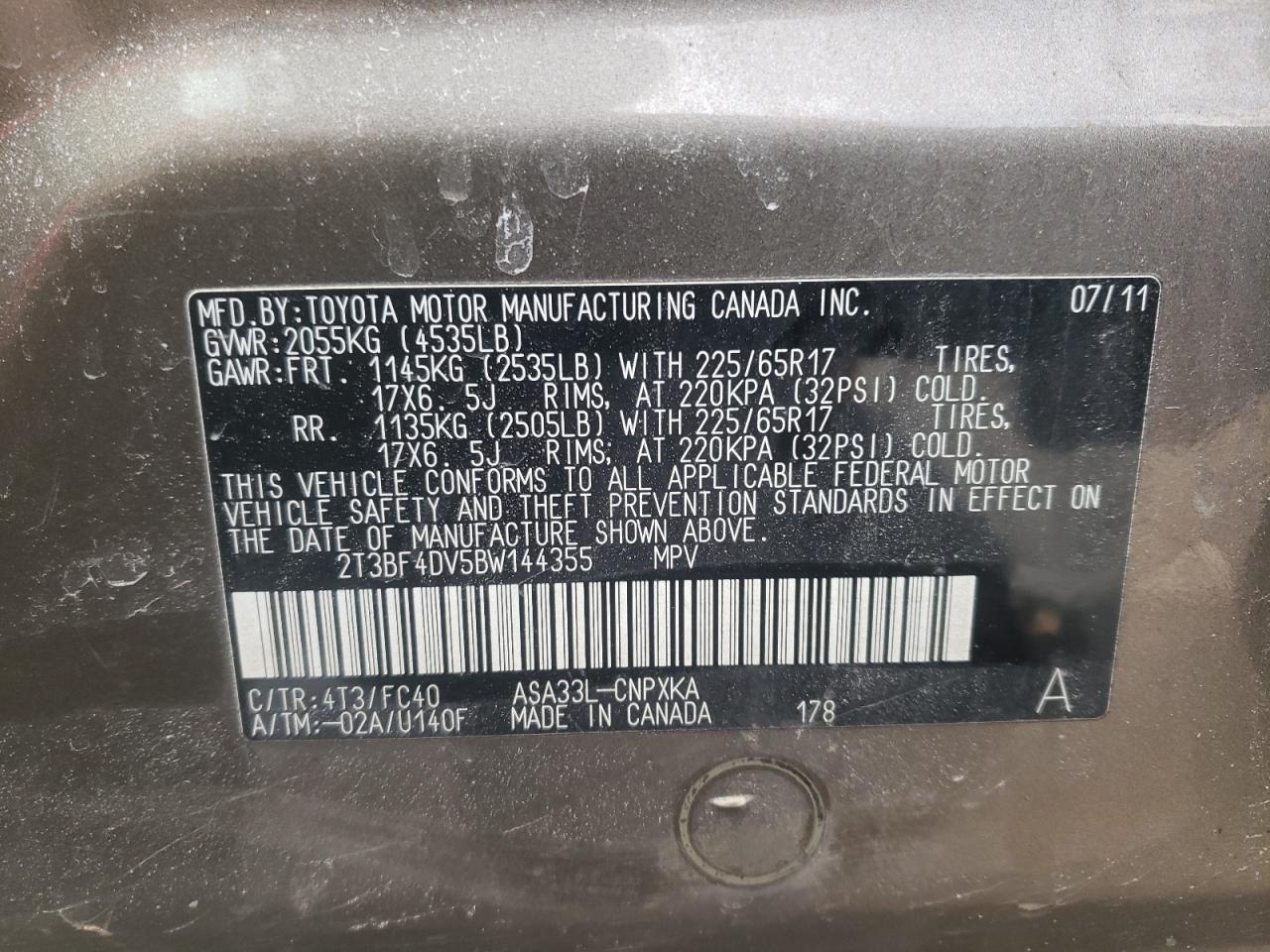 Photo 10 from auction – 2011 TOYOTA RAV4 with VIN 2T3BF4DV5BW144355