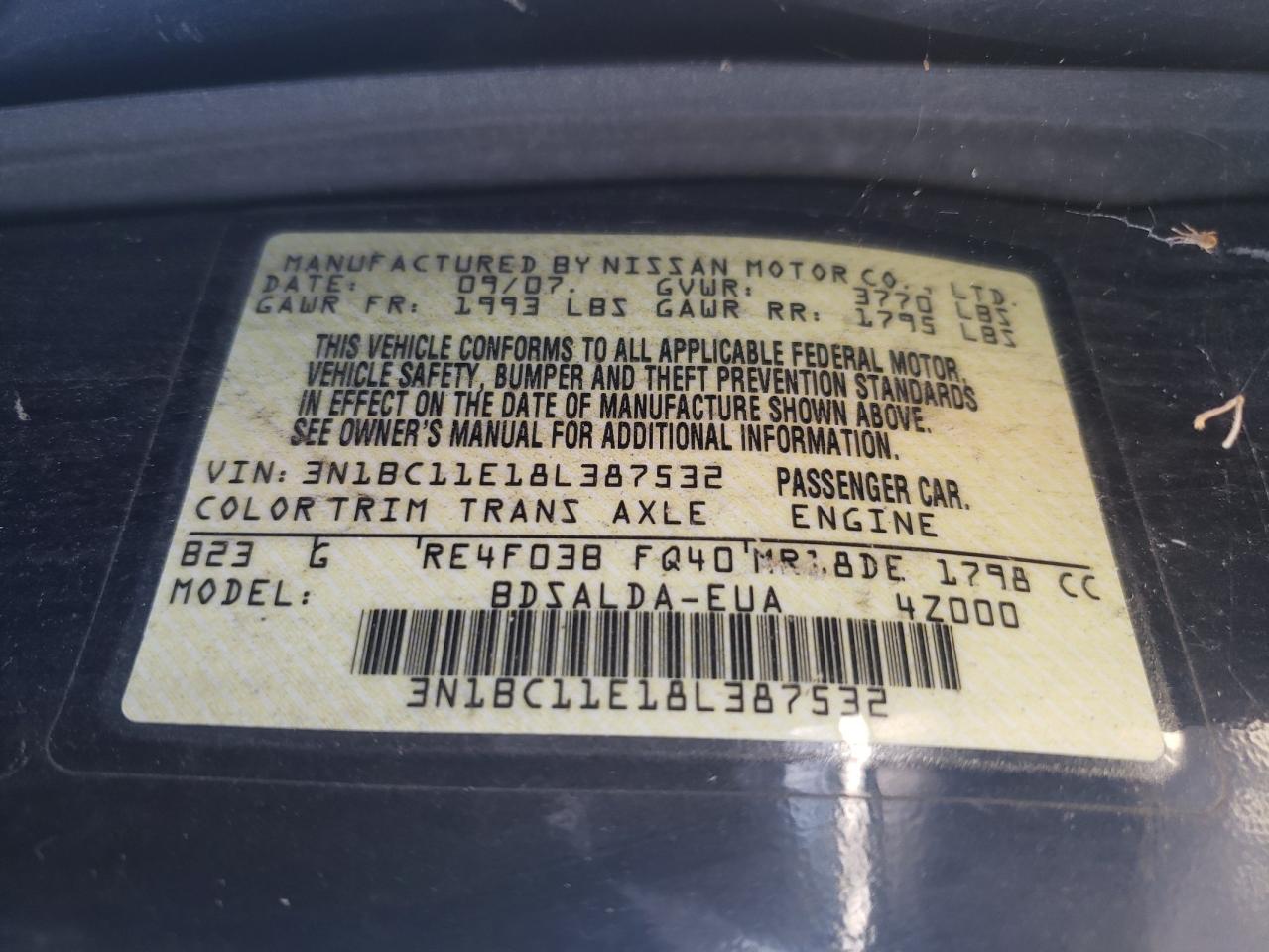 Photo 10 from auction – 2008 NISSAN VERSA S with VIN 3N1BC11E18L387532