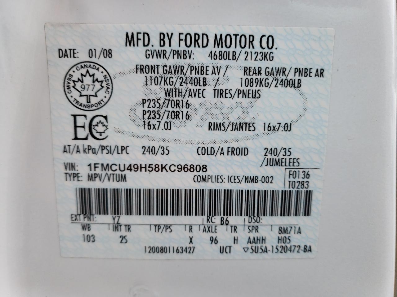 Photo 10 from auction – 2008 FORD ESCAPE HEV with VIN 1FMCU49H58KC96808