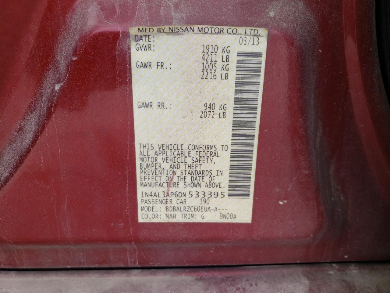 Photo 10 from auction – 2013 NISSAN ALTIMA 2.5 with VIN 1N4AL3AP6DN533395