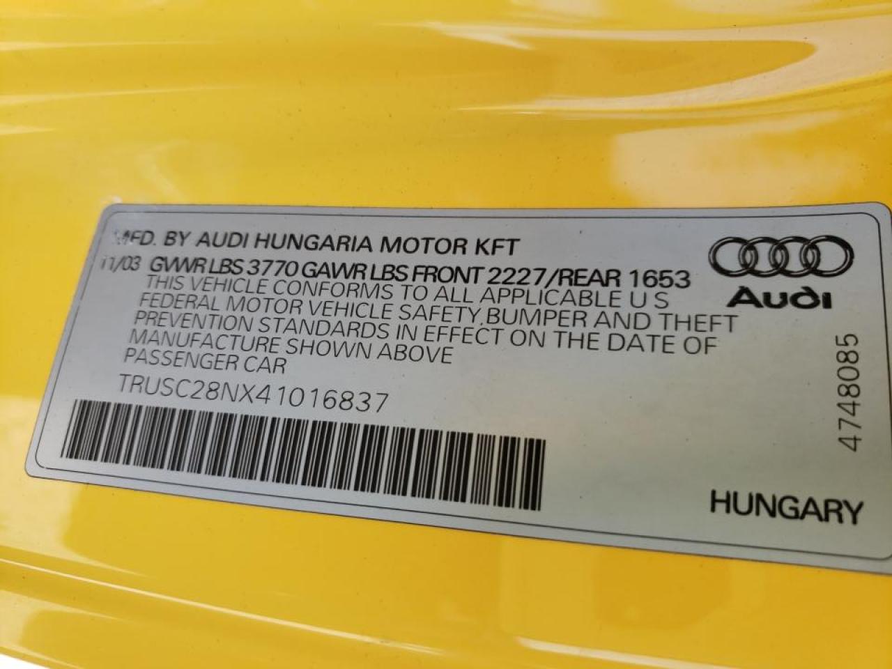 Photo 10 from auction – 2004 AUDI TT with VIN TRUSC28NX41016837