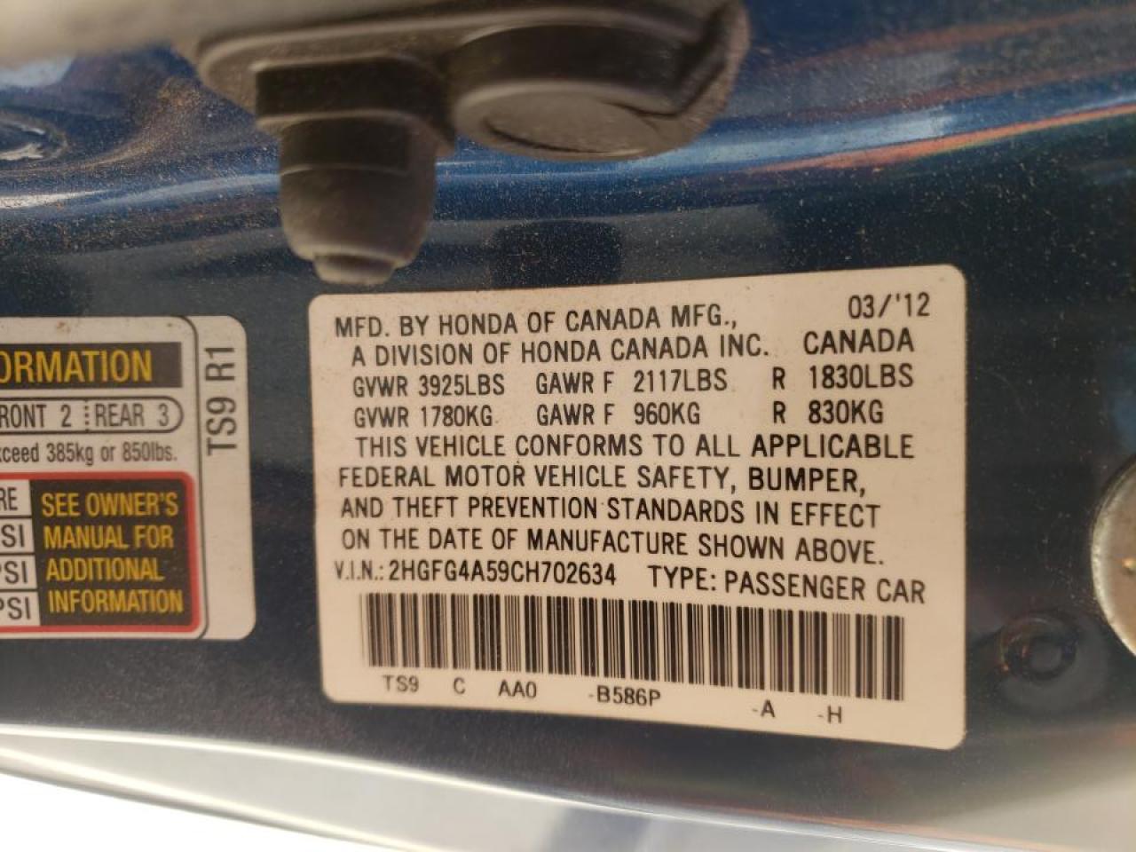 Photo 10 from auction – 2012 HONDA CIVIC SI with VIN 2HGFG4A59CH702634