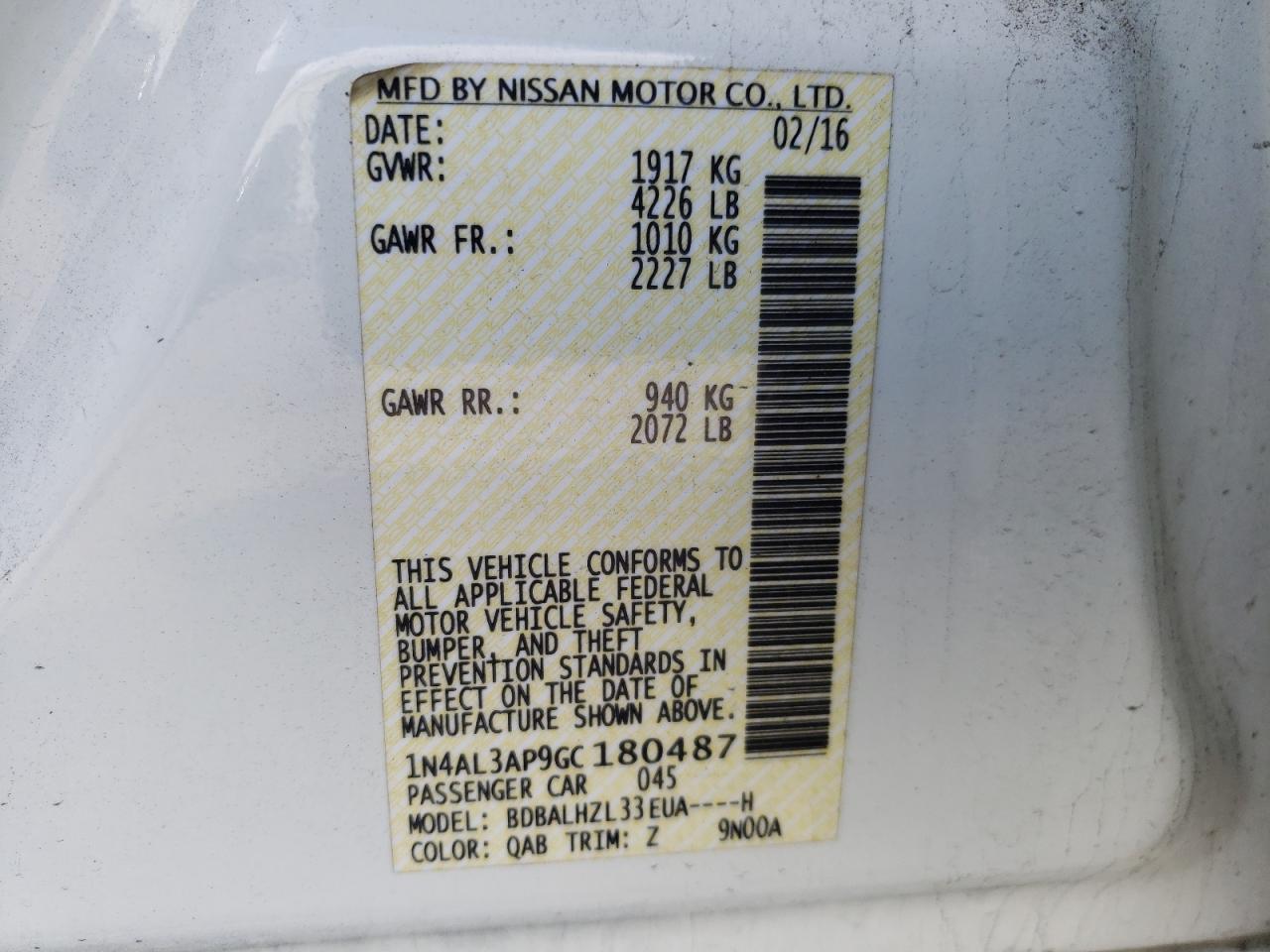 Photo 10 from auction – 2016 NISSAN ALTIMA 2.5 with VIN 1N4AL3AP9GC180487