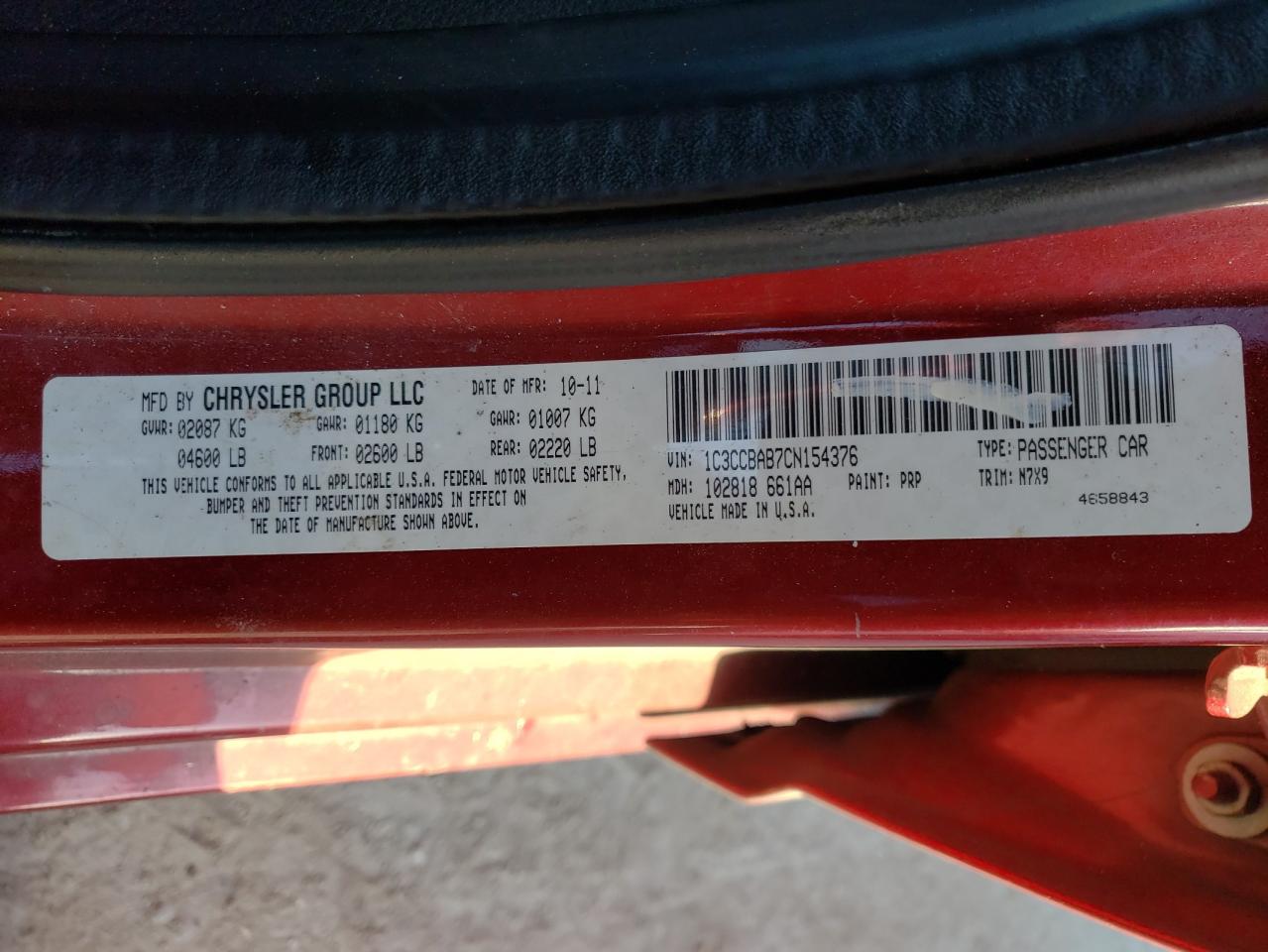 Photo 10 from auction – 2012 CHRYSLER 200 LX with VIN 1C3CCBAB7CN154376