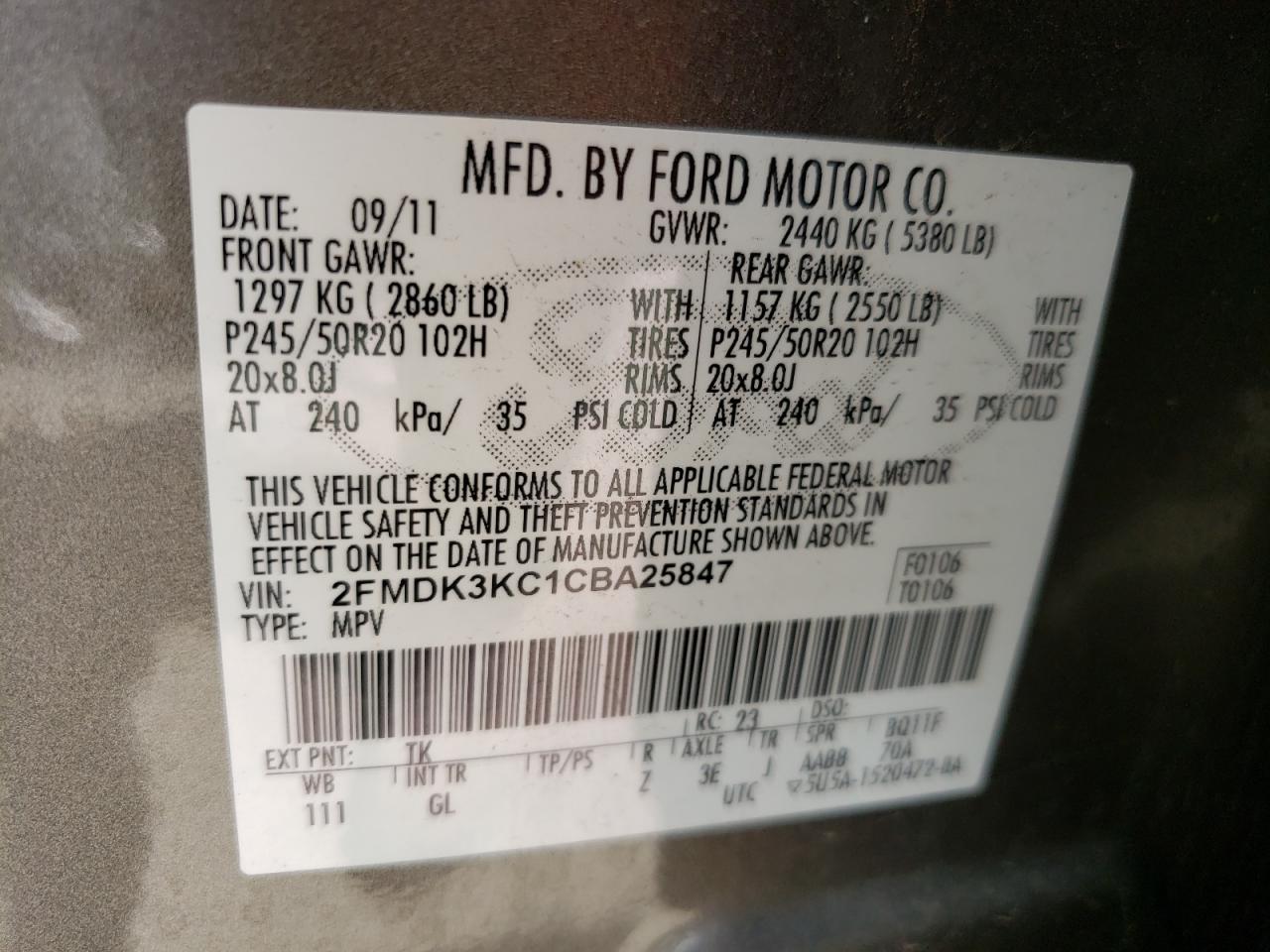 Photo 10 from auction – 2012 FORD EDGE LIMIT with VIN 2FMDK3KC1CBA25847