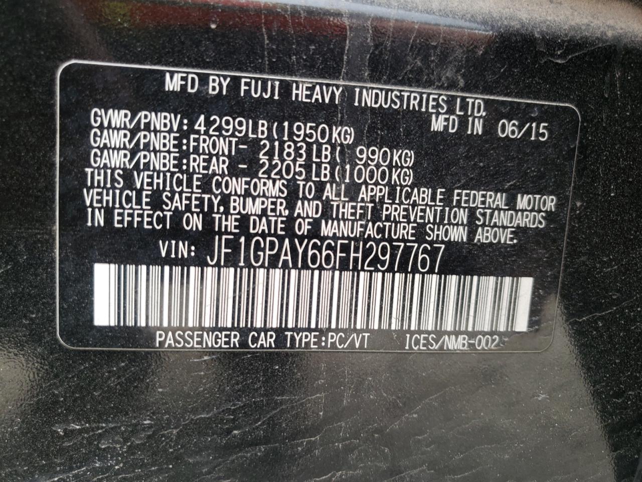 Photo 10 from auction – 2015 SUBARU IMPREZA SP with VIN JF1GPAY66FH297767