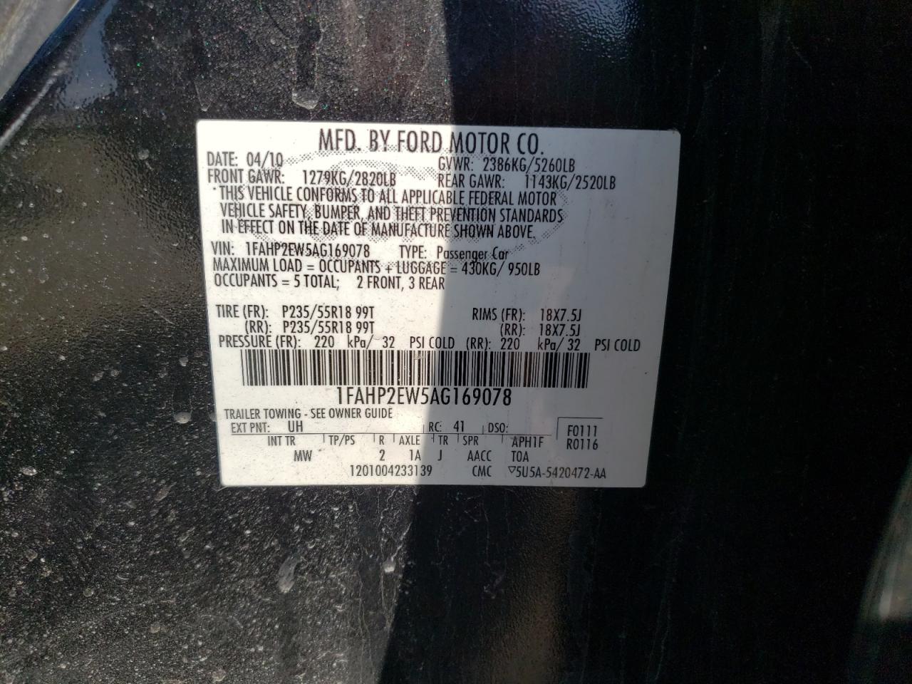 Foto 10 de la subasta – 2010 FORD TAURUS SEL con VIN 1FAHP2EW5AG169078