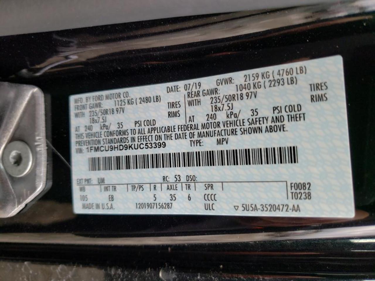 Photo 10 from auction – 2019 FORD ESCAPE SEL with VIN 1FMCU9HD9KUC53399