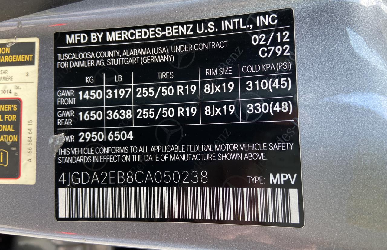Photo 10 from auction – 2012 MERCEDES-BENZ ML 350 BLU with VIN 4JGDA2EB8CA050238