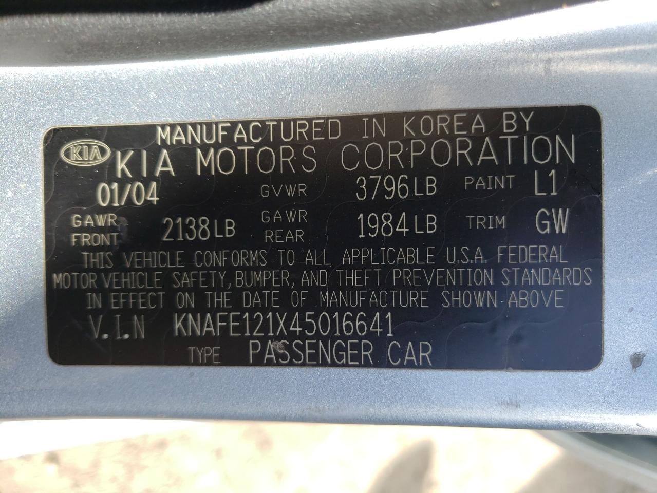 Photo 10 from auction – 2004 KIA SPECTRA LX with VIN KNAFE121X45016641