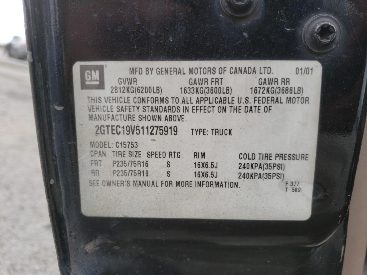 Photo 10 from auction – 2001 GMC NEW SIERRA with VIN 2GTEC19V511275919