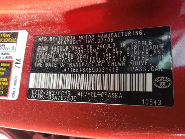Photo 10 from auction – 2009 TOYOTA CAMRY with VIN 4T1BE46K69U331449