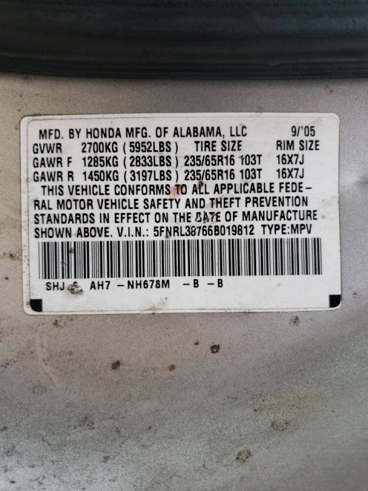 Photo 10 from auction – 2006 HONDA ODYSSEY EX with VIN 5FNRL38766B019812
