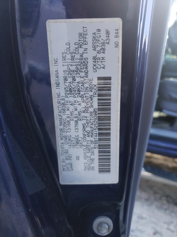 Photo 10 from auction – 2002 TOYOTA TUNDRA ACC with VIN 5TBBT44152S292005