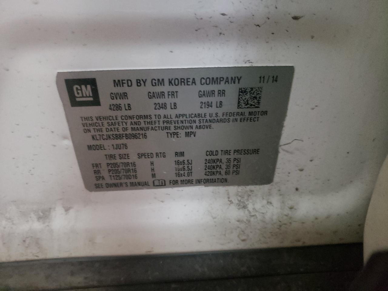 Photo 10 from auction – 2015 CHEVROLET TRAX LS with VIN KL7CJKSB8FB096216