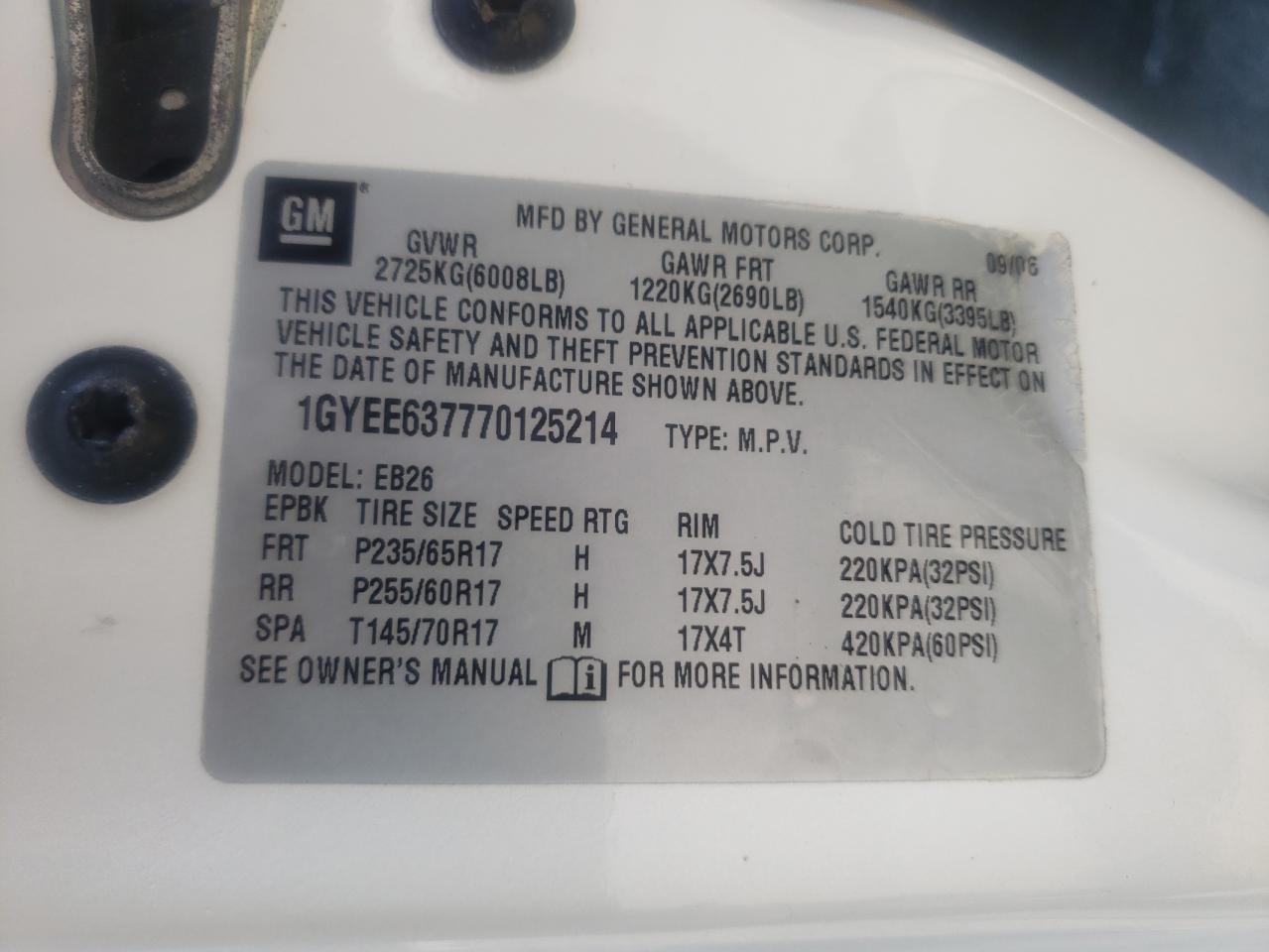 Zdjęcie 10 z aukcji – 2007 CADILLAC SRX z VIN 1GYEE637770125214