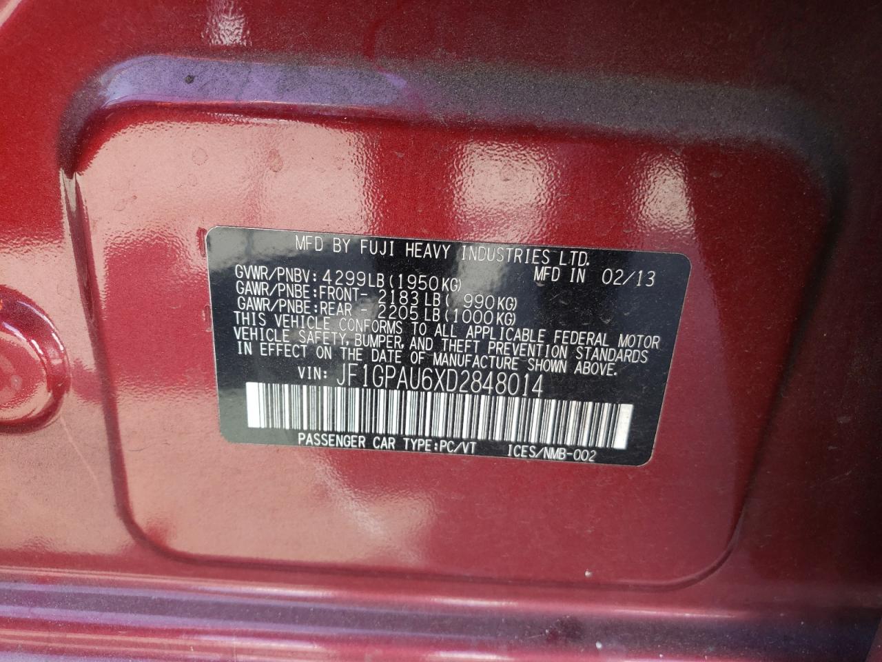 Photo 10 from auction – 2013 SUBARU IMPREZA SP with VIN JF1GPAU6XD2848014