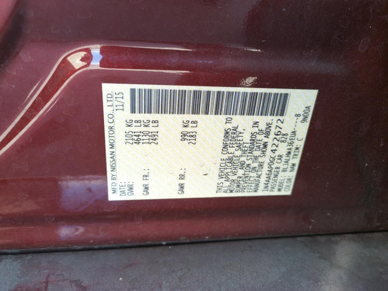 Photo 10 from auction – 2016 NISSAN MAXIMA 3.5 with VIN 1N4AA6AP0GC422672