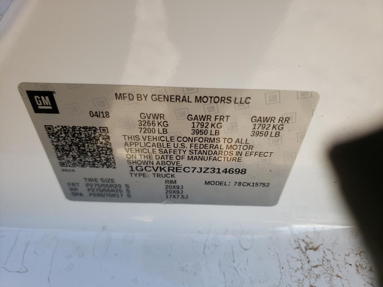 Photo 10 from auction – 2018 CHEVROLET SILVERADO with VIN 1GCVKREC7JZ314698