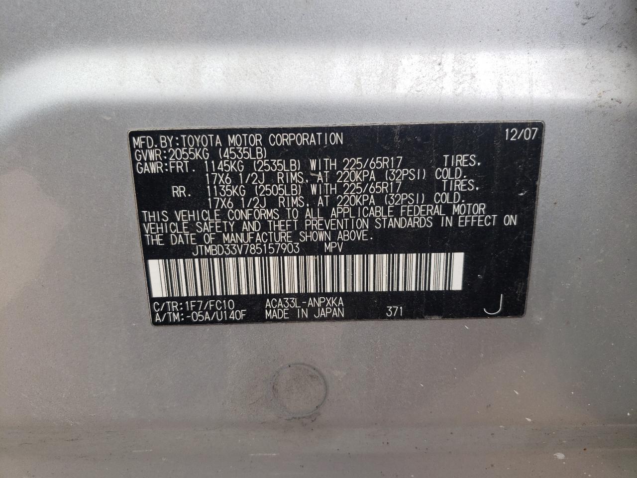 Photo 10 from auction – 2008 TOYOTA RAV4 with VIN JTMBD33V785157903
